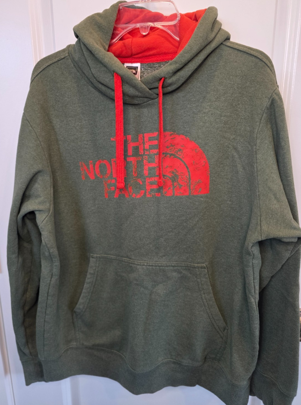 The North Face Hoodie Men's Large Green Red Logo Pullover Cotton Blend Outdoor